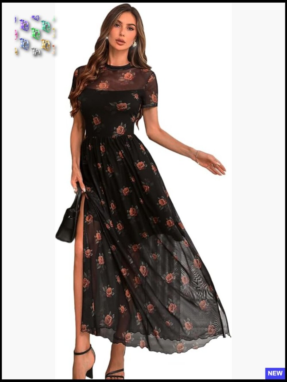 Mesh Maxi Dress Floral Print High Slit Elegant Wedding Guest Party Wear